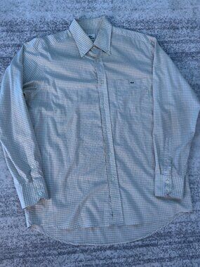 Lacoste Classic Fit Plaid Long Sleeve Button Down Shirt Beige White Size 42